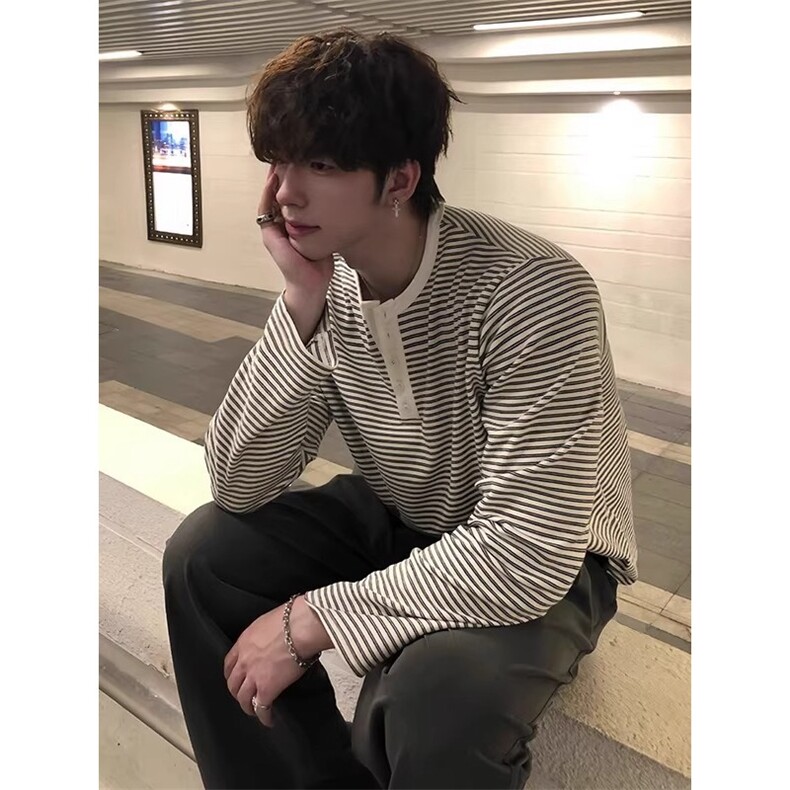 简约覆古亨利领条纹长袖t恤男cleanfit基础款通勤宽松百搭打底衫,男装T恤,星座506A