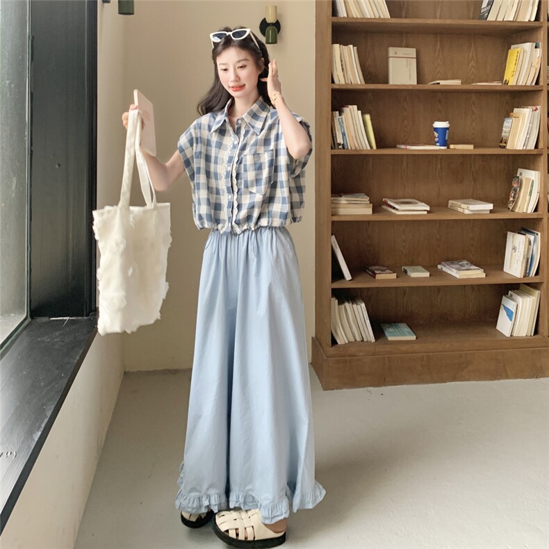 韩系甜美学院风蕾丝花边格子衬衣套装女夏季2025新款阔腿裤两件套，女装套装/套裙，2C135