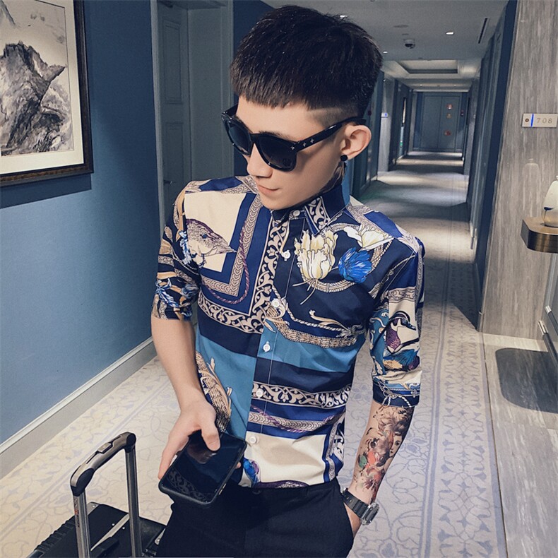 312A-258-P55新款社会小伙中袖衬衫韩版潮流男士五分袖衬衣B,男装T恤,星座312A-5