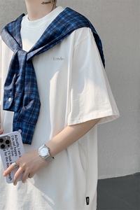 8XL-M 潮情侣美式拼接打结格子假两件短袖宽松纯棉T恤男 DX338图片