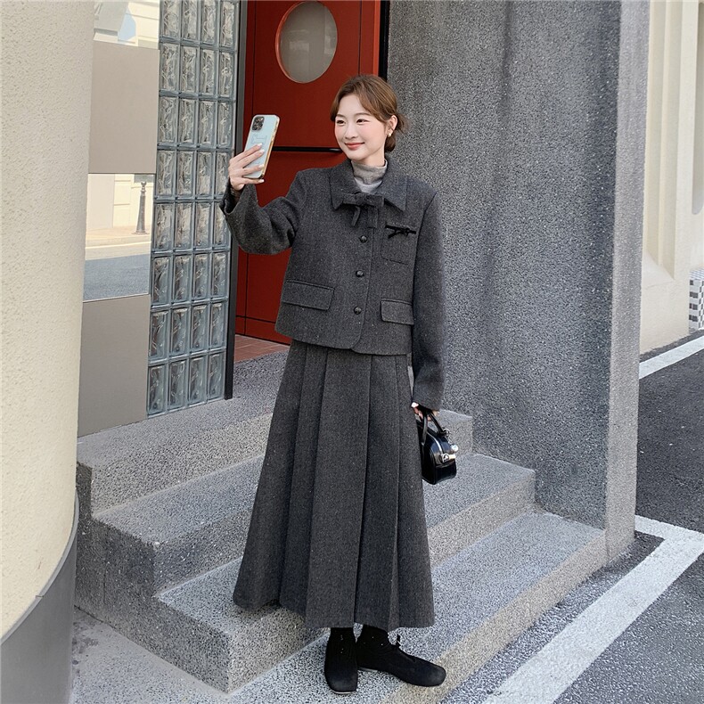 新款内里羽绒彩点毛呢外套百褶半身裙套装6336-P285K399,女装套装/套裙,2C332