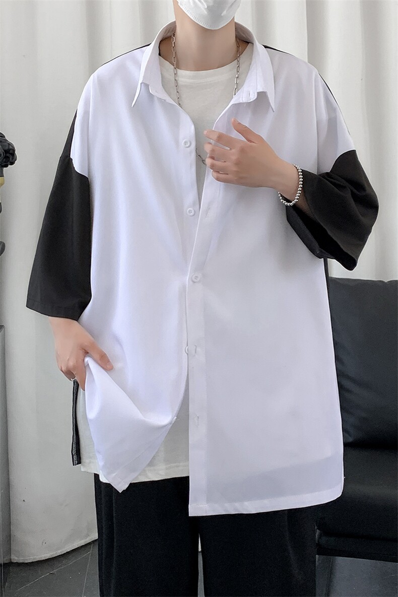 新款夏季禁欲风短剧拼接男士撞色短衬衫A071-C12-P35,男装衬衫,电商A071