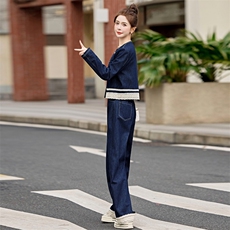 蕾丝拼接牛仔套装女2025春季新款穿搭时尚牛仔外套阔腿长裤两件套，女装套装/套裙，天丽