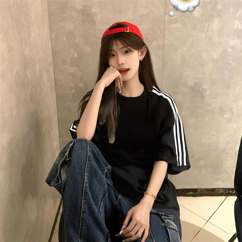抖音得物高品质二开240克宽松纯棉美式潮牌三条杠织带短袖T恤,男装T恤,电商A486