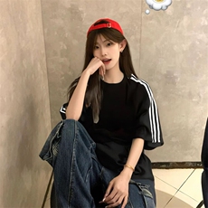抖音得物高品质二开240克宽松纯棉美式潮牌三条杠织带短袖T恤，男装T恤，电商A486