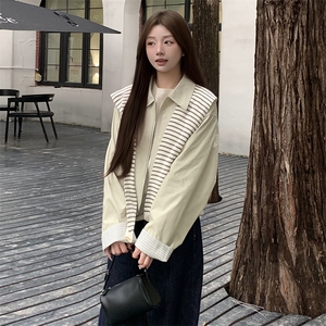 条纹披肩翻领浅卡其外套女春秋2025新款高级感夹克上衣韩版超好看图片