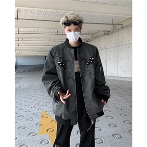春秋美式蜘蛛刺绣pu皮夹克男休闲宽松街头棒球服图片