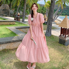高腰荡领休闲风挂脖式法式连衣裙夏装韩版方领中长款显瘦气质时尚，女装连衣裙，2C105