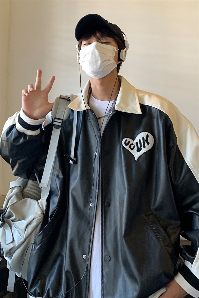 EQ114拼色毛巾绣皮衣外套男2024新款秋装休闲夹克ins港风潮P108,男装夹克,电商C306-1