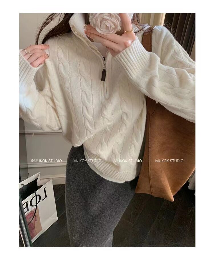 新款女士半开衫拉链毛衣麻花立领刺绣秋冬针织衫上衣,针织衫/毛衣,半城羊绒