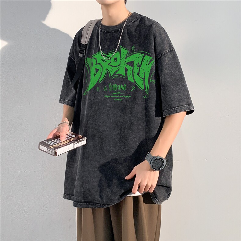 水洗做旧蜡染短袖男夏季潮流美式复古T恤哥特文字母印花半袖,男装T恤,电商C306-1