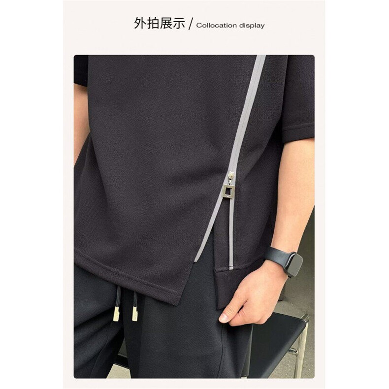 网图现货撞色拉链设计款短袖男开叉圆领T恤R6619-P40,男装T恤,星座1005-4