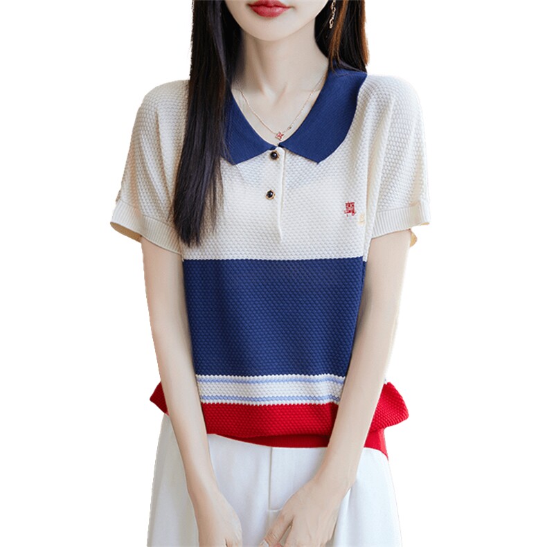 夏季新款POLO领刺绣拼色短袖针织衫女宽松透气莱赛尔天丝T恤上衣,针织衫/毛衣,唐诺
