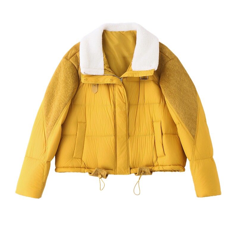 【现货现货】2025冬季新款黄色羽绒服短款加厚保暖羊羔毛拼接外套,女装羽绒服,一安秀