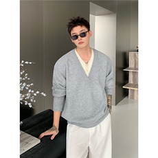 撞色假两件春秋新款宽松慵懒套头薄款设计感针织衫长袖上衣，男装针织衫/毛衣，星座516A