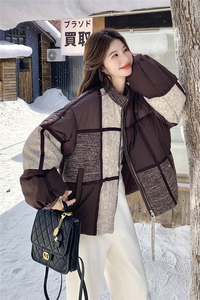 现货拼色羽绒服女冬短款小个子2025年新款今年流行设计感小众拼接,女装羽绒服,琦鑫阁（原依鑫阁）