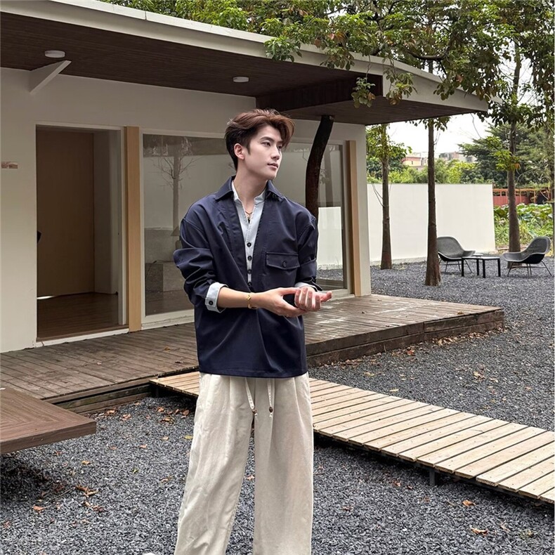 假两件衬衫男高级感痞帅春秋老钱风设计翻领拼接长袖衬衣CSK427,男装衬衫,星座516A