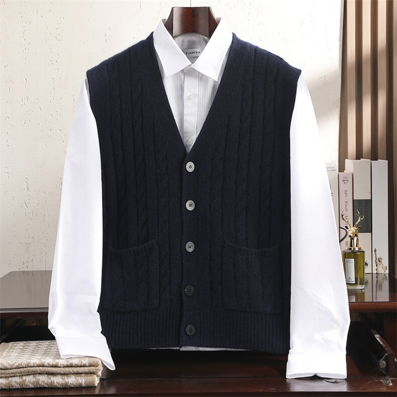 2024年秋季时尚都市V领单排扣羊绒开衫男装，男装背心/马甲，冬季工坊