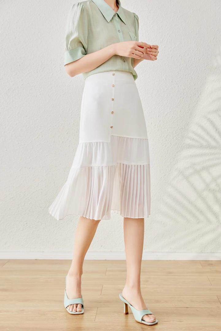 1120#黑、绿、白，S—XXL，雪纺压皱拼接半裙。，女装半身裙，束索