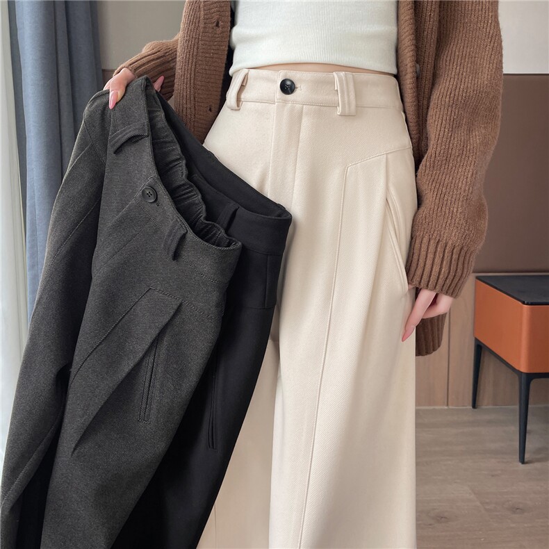 2024冬季保暖加厚毛呢阔腿裤小个子直筒拖地高腰休闲裤女，女装休闲裤，梦白服饰厂