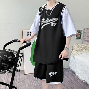 纯棉夏季短袖T恤套装宽松潮流篮球服男两件套男装F312P60控89图片