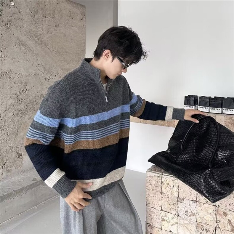 立领条纹毛衣新款韩版潮流宽松套头半拉链针织衫上衣MYF307,男装针织衫/毛衣,星座516A