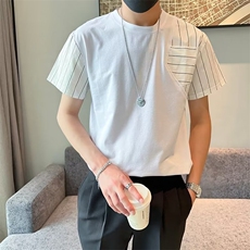 条纹短袖t恤男士夏季轻熟个性拼接透气纯棉半袖体恤上衣T562，男装T恤，星座1116A-2（原606A-1）