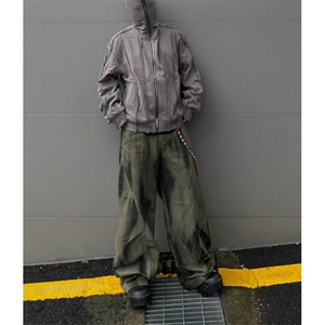 设计感宽松褶皱拼接做旧牛仔裤男潮牌休闲阔腿廓形弯刀裤 NA284图片