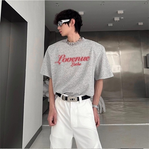 抖音得物供货210克现货宽松纯棉美式潮牌印花落肩袖纯棉T恤AT2196图片