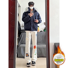 抖音得物高品质秋冬季重磅花卉刺绣潮流运动宽松加绒直筒休闲卫裤，男装休闲裤，电商A486-1