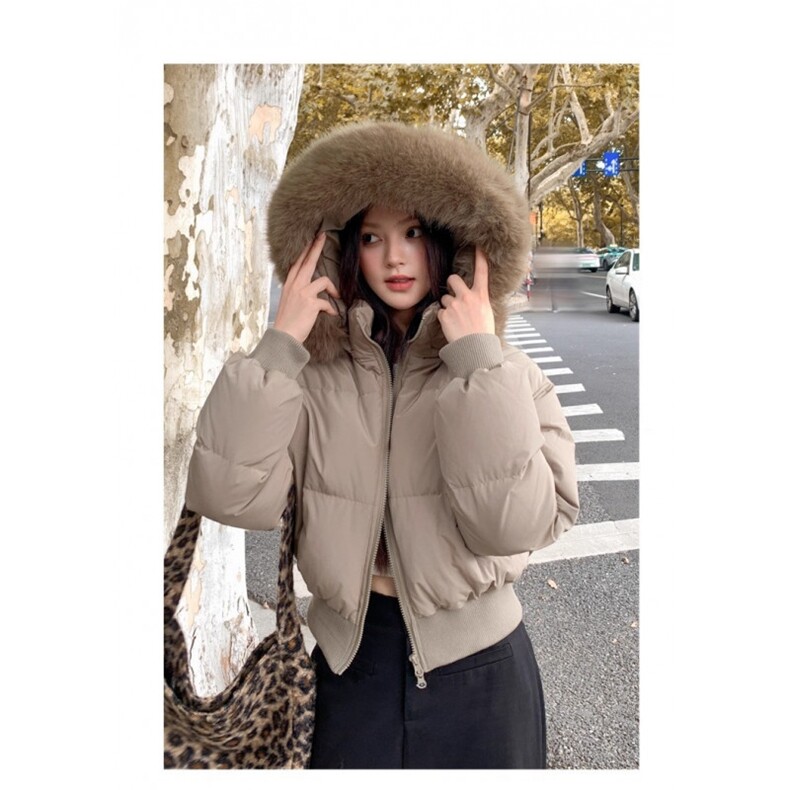 W587-P85 2025冬季新款大毛领面包服小个子修身短款棉衣棉服外套图片