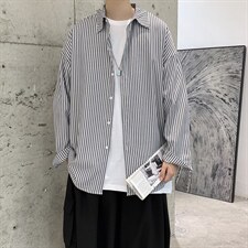 港风宽松休闲条纹百搭潮流长袖衬衫上衣男装D201-DM85-P45，男装衬衫，电商D321-1