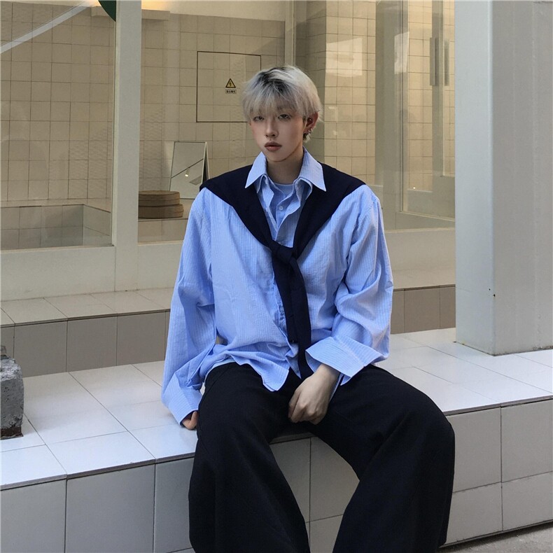 蓝色双层假两件披肩长袖衬衫男款秋季学院风衬衣韩系慵懒松弛外套,男装衬衫,电商B327