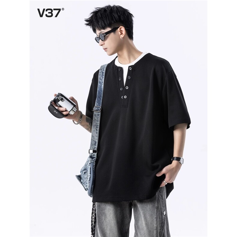 T184-P35假两件v领短袖t恤男款夏季新款cleanfit美式潮牌,男装T恤,电商B323A