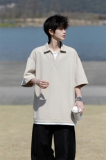 8XL-M假两件V领短袖t恤男夏翻领半袖宽松重磅华夫格大码DT001P40，男装T恤，电商B312