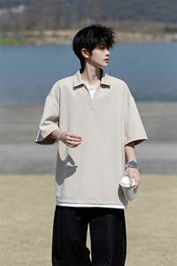 8XL-M假两件V领短袖t恤男夏翻领半袖宽松重磅华夫格大码DT001P40图片