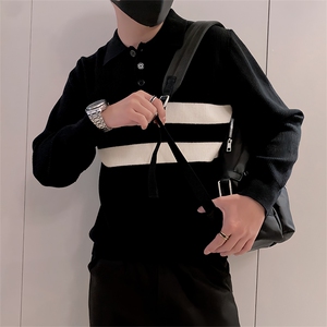LV291/P85控115美式Polo领男款针织衫毛衣冬季条纹百搭打底衫黑首图片