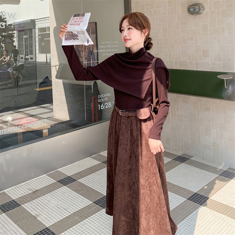 春款【已出货】针织拼接麂皮绒连衣裙+披肩H9781-P185-K278,女装套装/套裙,2C110