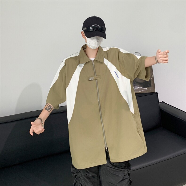 夏男短袖衬衫拼色工装拉链织带字母印花衬衣CS5008P43,男装衬衫,星座1013-1