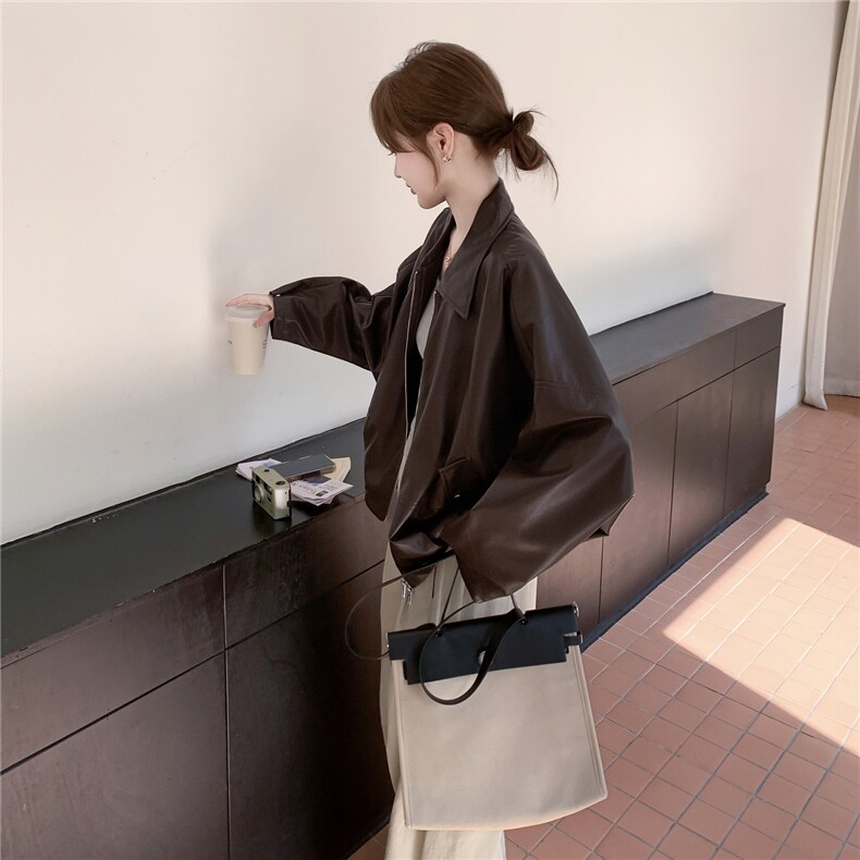 2025秋装新款时髦蛋白皮咖色皮衣外套女2C325-528P155K228图片