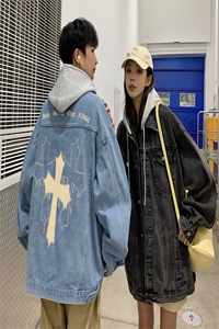 2025春季港风情侣假两件连帽牛仔夹克外套帽子可拆卸JK734-P88图片 2025春季港风情侣假两件连帽牛仔夹克外套帽子可拆卸JK734-P88图片