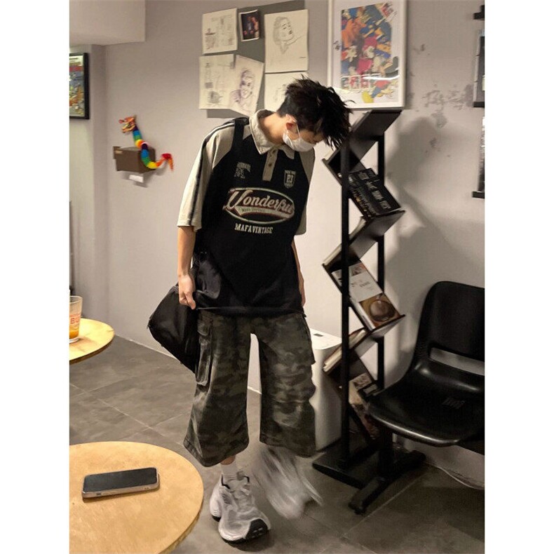 网络图现货美式复古街头学院风Polo领拼接撞色短袖T恤JT165-P42,男装T恤,星座715-7