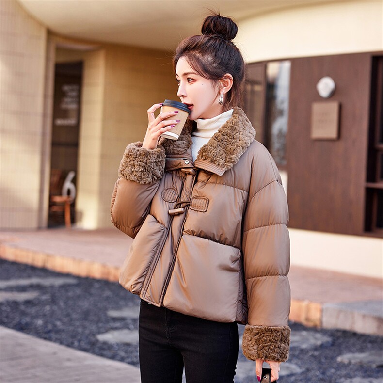 短款仿羊羔毛拼接羽绒服女2024冬季新款女装保暖外套潮！达标90绒！,女装羽绒服,慧尚依恋