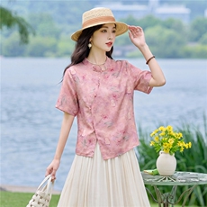 现货2026年夏季新款中老年妈式复古短袖小衬衫盘扣开衫上衣T恤女，女装衬衫，璐依舞