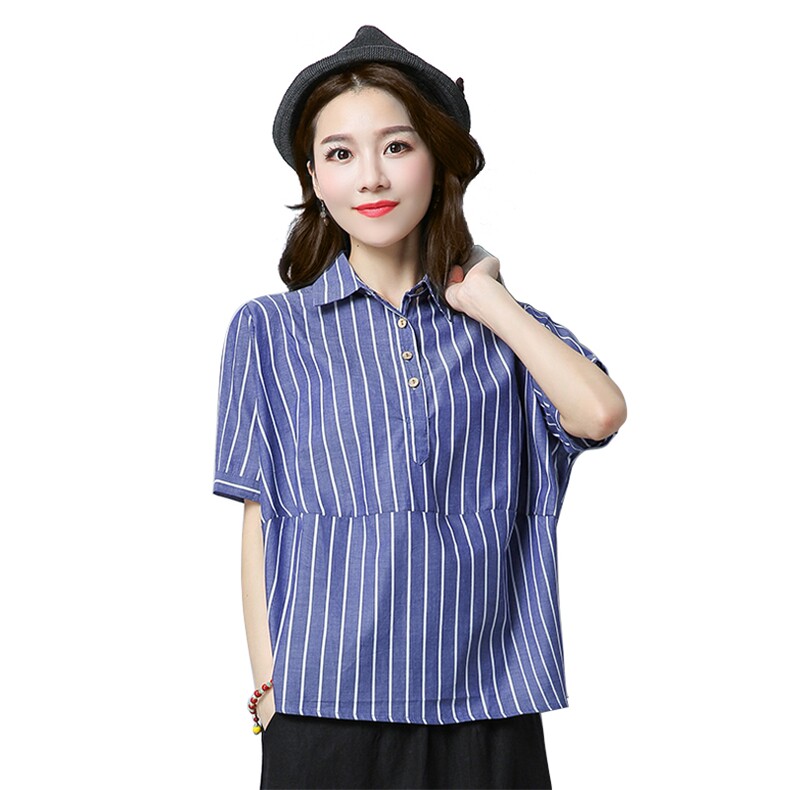 条纹优雅韩版方领套头2021年夏季短袖修身显瘦甜美衬衫,女装衬衫,叶笙衣