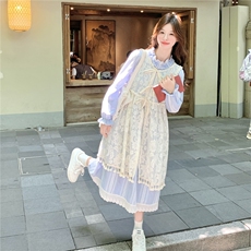 蓝色甜美温柔风木耳边格子连衣裙套装2025秋季新款流苏罩衫两件套，女装套装/套裙，2C133