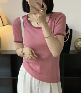 修身薄款拼色U领短袖针织衫女夏季气质百搭