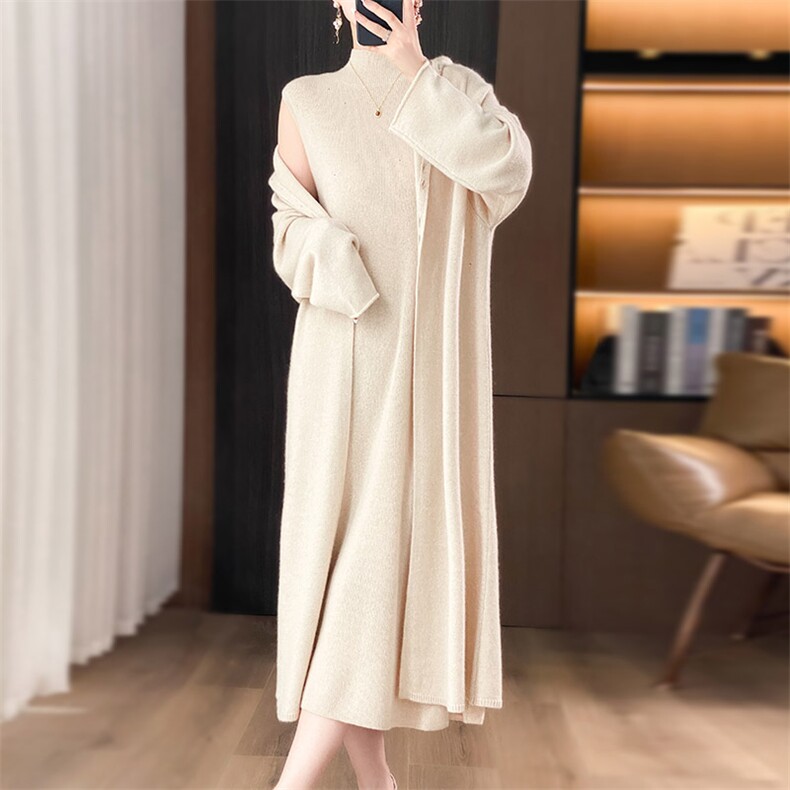 中长款100%纯羊毛连帽开衫女纯色纽扣长袖毛衣宽松羊绒衫长裙外套,女装羊毛衫,琳华羊绒