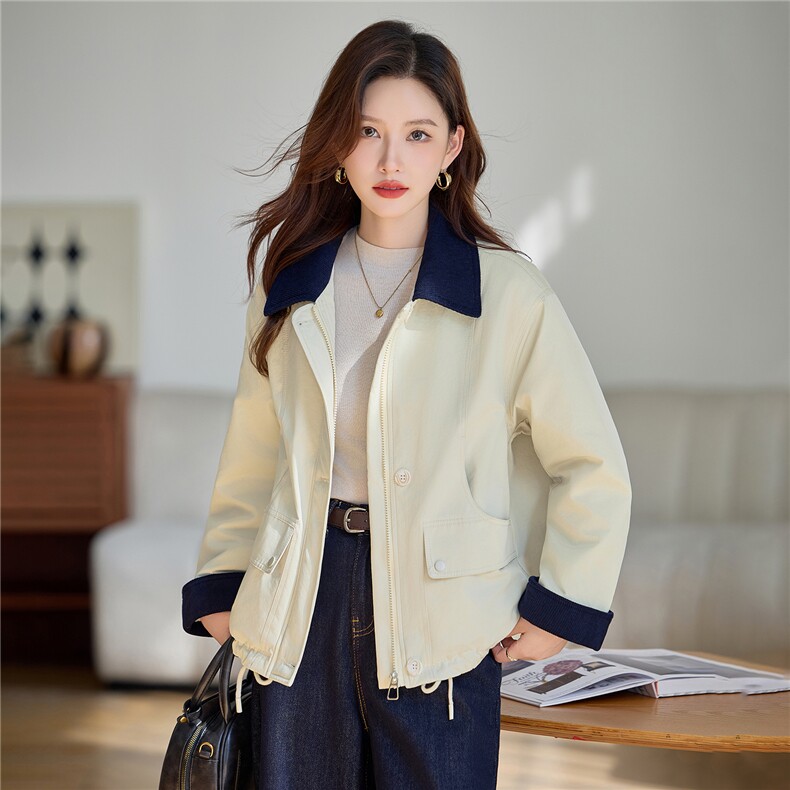 时尚撞色翻领加绒派克服外套女2025秋冬新款宽松显瘦休闲百搭棉服,女装棉衣/棉服,依万里