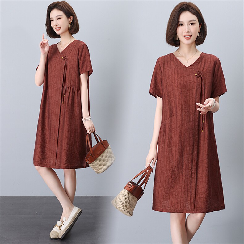 莱赛尔连衣裙小个子气质中年妈妈夏装洋气遮肚子大码宽松直筒短裙，女装连衣裙，鑫鑫格